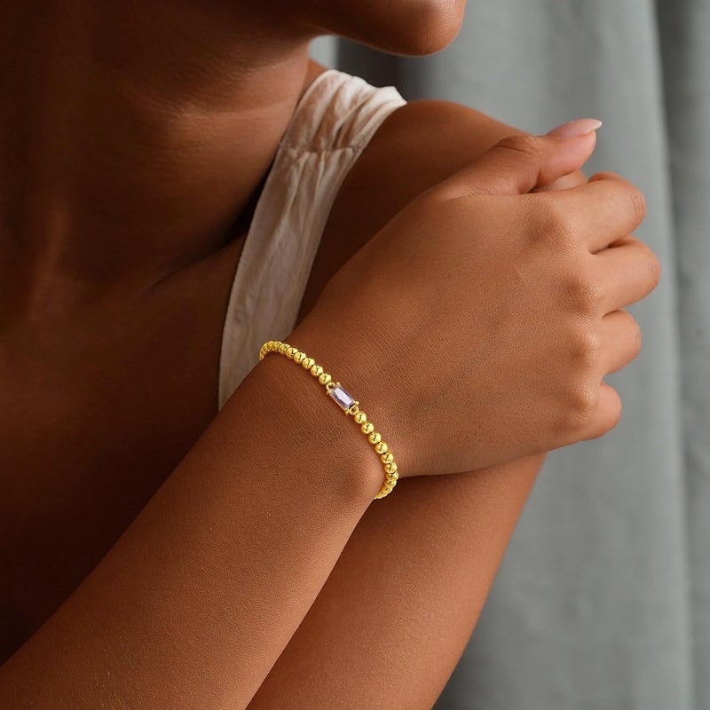 Yoosteel Dainty Birthstone Bracelet for Women - Valentines Day Gifts Elastic 14K-Gold-Plated Bead Bracelets Trendy Friendship Birthday Jewelry Gift for Women - Image 1